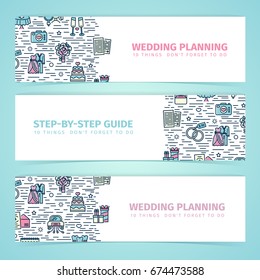Set horizontal banner with wedding line icon. Design template web banner  for bride checklist. Flyer with pattern art symbol for marriage celebration.  Vector