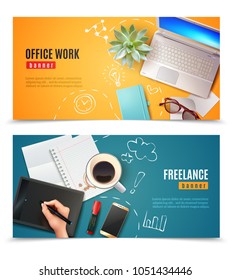 Set of horizontal banners 3d office objects on yellow and blue background isolated vector illustration