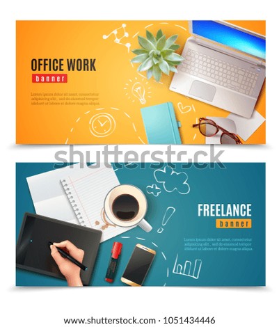 Set of horizontal banners 3d office objects on yellow and blue background isolated vector illustration