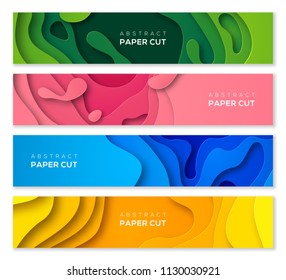 Set of horizontal banners in 3D paper cut style for business presentations, flyers, posters and invitations. Colorful carving art. Vector illustration.