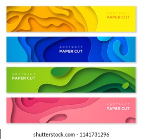 Set of horizontal banners in 3D paper cut style for business presentations, flyers, posters and invitations. Colorful carving art. Vector illustration.