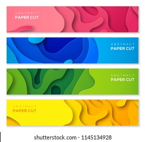 Set of horizontal banners in 3D paper cut style for business presentations, flyers, posters and invitations. Colorful carving art. Vector illustration.