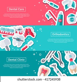 Set of Horizontal Banners about Dentistry with Flat Sticker Icons. Vector illustration. Dental Care, Orthodontics and Clinic.