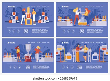 Set of horizontal banners about nail polish manufacture and production in flat style on blue background. Team of women working on new enamel collection