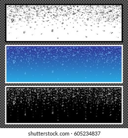 Set of horizontal banners. Abstract backgrounds of alphabet symbols. World book and copyright day. International Day of writer. World Book Day. Studying and learning concept. Illustration. Vector.