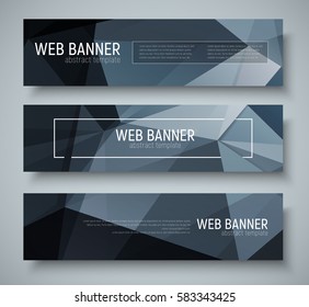 Set of horizontal banners with abstract black polygonal texture. Template text and frames. Vector illustration