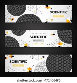 Set of Horizontal Banners with Abstract Carbon Particles. Vector illustration of Atoms. Molecular Geometric 3D Spheres. Wireframe Graphic Elements.