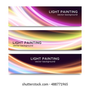 Set of horizontal banners with abstract colorful waved light trails on black background for website header or flyer template. Vector illustration