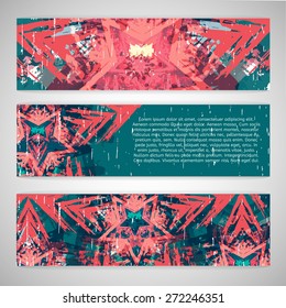 Set of horizontal banners with abstract, ethnic, technological pattern. 
Silhouette of stars. Retro colors. Place for your text. Vector.