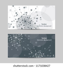 Set of horizontal banners. Abstract geometric background with connected lines and dots in a shape of fireworks. Vector illustration.