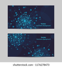 Set of horizontal banners. Abstract geometric background with connected lines and dots in a shape of fireworks. Vector illustration.