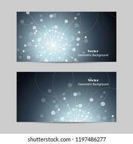 Set of horizontal banners. Abstract geometric background with connected lines and dots in a shape of fireworks. Vector illustration.