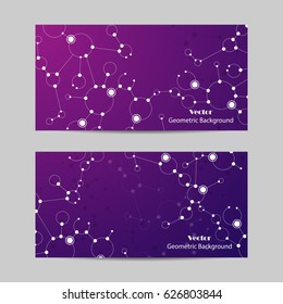 Set of horizontal banners. Abstract geometric background with connected lines, circles and dots. Vector illustration on violet background.