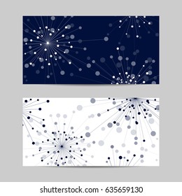 Set of horizontal banners. Abstract geometric background with connected lines and dots in a shape of fireworks. Vector illustration.