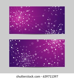 Set of horizontal banners. Abstract geometric background with connected lines and dots in a shape of fireworks. Vector illustration.