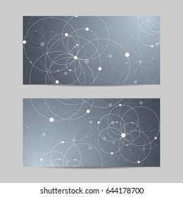 Set of horizontal banners. Abstract geometric background with connected circles and dots. Vector illustration.