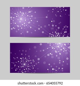 Set of horizontal banners. Abstract geometric background with connected lines and dots in a shape of fireworks. Vector illustration.