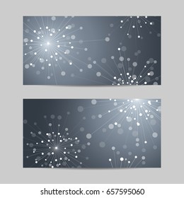Set of horizontal banners. Abstract geometric background with connected lines and dots in a shape of fireworks. Vector illustration.