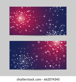 Set of horizontal banners. Abstract geometric background with connected lines and dots in a shape of fireworks. Vector illustration.
