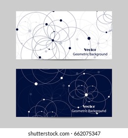 Set of horizontal banners. Abstract geometric background with connected circles and dots in a shape of flowers. Vector illustration.