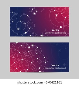 Set of horizontal banners. Abstract geometric background with connected circles and dots. Vector illustration.
