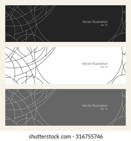 Set of Horizontal Banners with Abstract Geometrical Pattern of Curves, Unfinished Lines, Circles,  Black White   and Grey Banners, Website Header, Vector Illustration