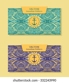 Set Horizontal banners with abstract handmade waves anchor  in blue marine beige for package or template for advertising cosmetic perfumer