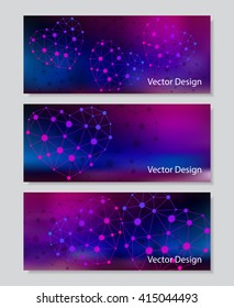 Set of horizontal banners. Abstract hearts with shadow made of connected points on colored background. Business, science, medicine and technology design. 