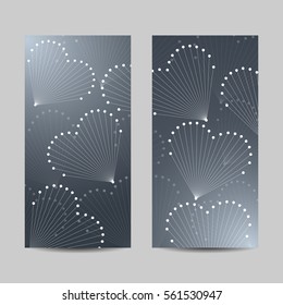 Set of horizontal banners. Abstract hearts made of connected lines and dots. Vector geometric background.