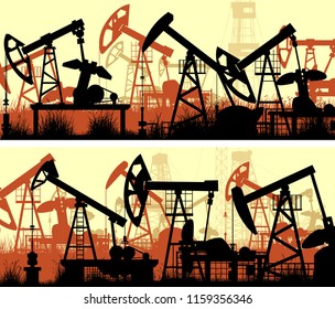 Set of horizontal banners of abstract illustration of large number oil pumping units.