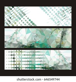 Set of horizontal banners with abstract mosaic pattern and dots. Template design, label banner, cover, print, flyer, blank, card, ad, sign, sheet. Copy space. Vector clip art.