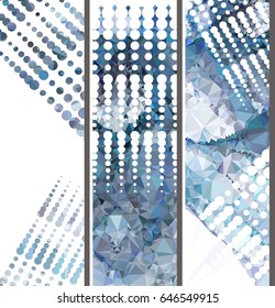 Set of horizontal banners with abstract mosaic pattern and dots. Template design, label banner, cover, print, flyer, blank, card, ad, sign, sheet. Copy space. Vector clip art.