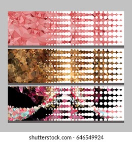 Set of horizontal banners with abstract mosaic pattern and dots. Template design, label banner, cover, print, flyer, blank, card, ad, sign, sheet. Copy space. Vector clip art.