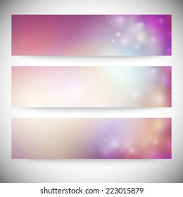 Set of horizontal banners. Abstract multicolored defocused lights background vector illustration.