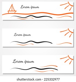 The set of horizontal banners with abstract orange sun and waves on the topic of tourism. Vector web design.