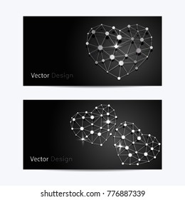 Set of horizontal banners. Abstract silver hearts made of connected lines and dots on black background.