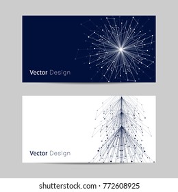 Set of horizontal banners. Abstract snowflake and fir tree made of connected lines and dots.