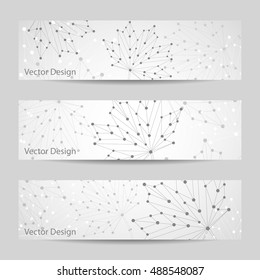 Set of horizontal banners. Abstract vector maple leaves made of connected lines and dots.