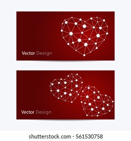 Set of horizontal banners. Abstract white hearts made of connected lines and dots on red background. Business, science, medicine and technology design.
