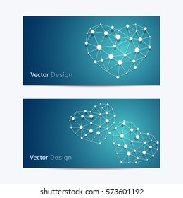 Satz von horizontalen Bannern. Abstrakte weiße Herzen aus verbundenen Linien und Punkten auf blauem Hintergrund. Wirtschaft, Wissenschaft, Medizin und Technologiedesign.