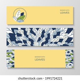 Set of horizontal banners for advertising, invitations, internet sites from colorful leaves. Summer background for sales. Geometric flat design. Place for your text. Vector illustration