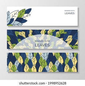 Set of horizontal banners for advertising, invitations, internet sites from colorful leaves. Summer background for sales. Geometric flat design. Place for your text. Vector illustration