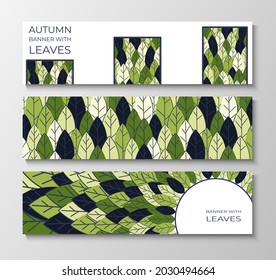 Set of horizontal banners for advertising, invitations, internet sites from colorful leaves. Summer background for sales. Geometric flat design. Place for your text. Vector illustration