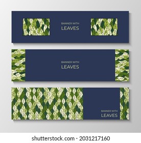 Set of horizontal banners for advertising, invitations, internet sites from colorful leaves. Summer background for sales. Geometric flat design. Place for your text. Vector illustration