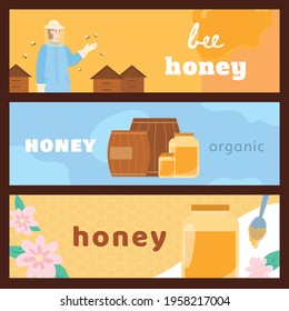 Set of horizontal banners for apiary and honey production industry, flat vector illustration. Flyers or banners with beekeeper cartoon character processing honey.