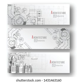 Set of horizontal banners with architectural and Blueprint background.