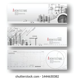 Set of horizontal banners with architectural and Blueprint background.