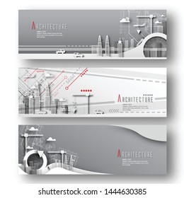 Set of horizontal banners with architectural and Blueprint background.