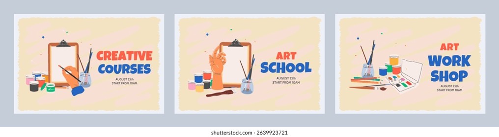 A set of horizontal banners, for art schools, studios, drawing courses and workshops. Art supplies for creativity: pencils, paints, brushes, watercolors. Flat vector illustration. 