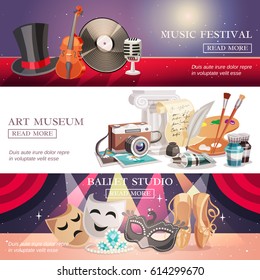 Set of horizontal banners with arts museum music festival and ballet studio isolated vector illustration